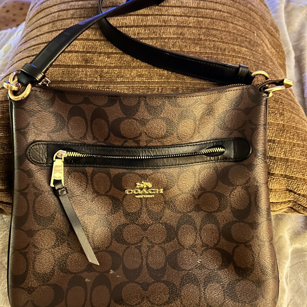 Coach Brown and Black Crossbody Bag with Signature Pattern
